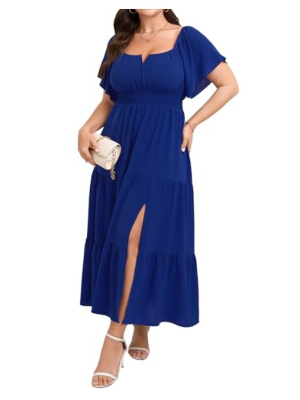 Plus Size Maxi Dress Formal Short Sleeve Square Neck Smocked Side Split Tiered